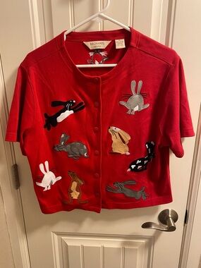 Bechamel Petites Top Petite L Button Front Shirt Red Rabbits Bunny Blouse PL